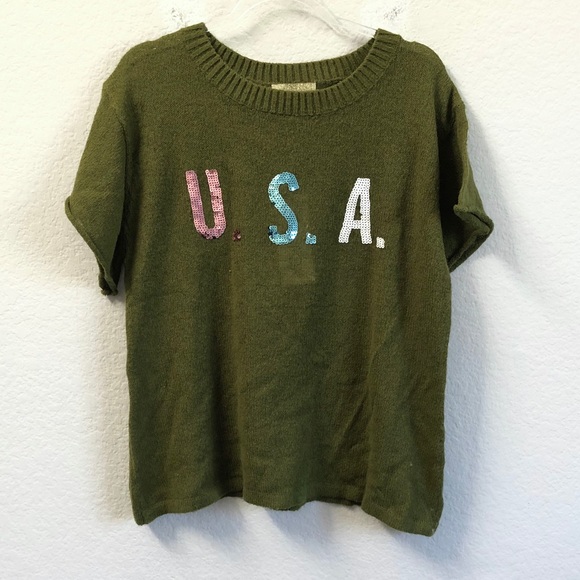 Wildfox White Label USA Sweater Tee Sequins Green - Picture 2 of 5